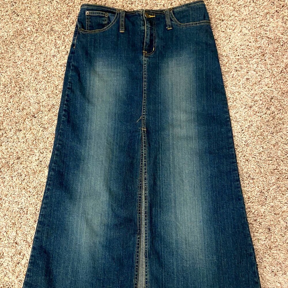 Vintage Angels Womens Denim Blue Grunge Maxi Skirt/Front Slit 30” 5 Junior 6 - Picture 3 of 5